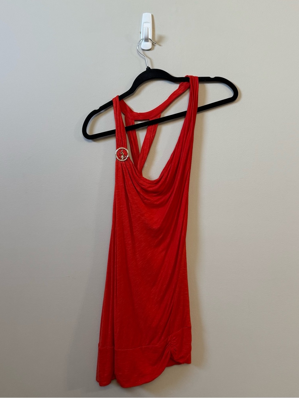 Baby Phat Y2K Red/orange cowl neck asymmetrical rhinestone ring detail tunic top